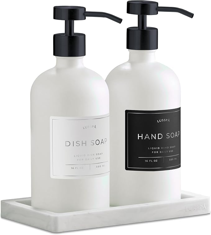 Glass Soap Dispenser Set of 2 (White) with Silicone Tray | Hand and Dish Soap Dispenser for Kitchen and Bathroom | 16.8 Oz Glass Bottles with Stainless Steel Pump & 15 Waterproof Labels (White/Black)