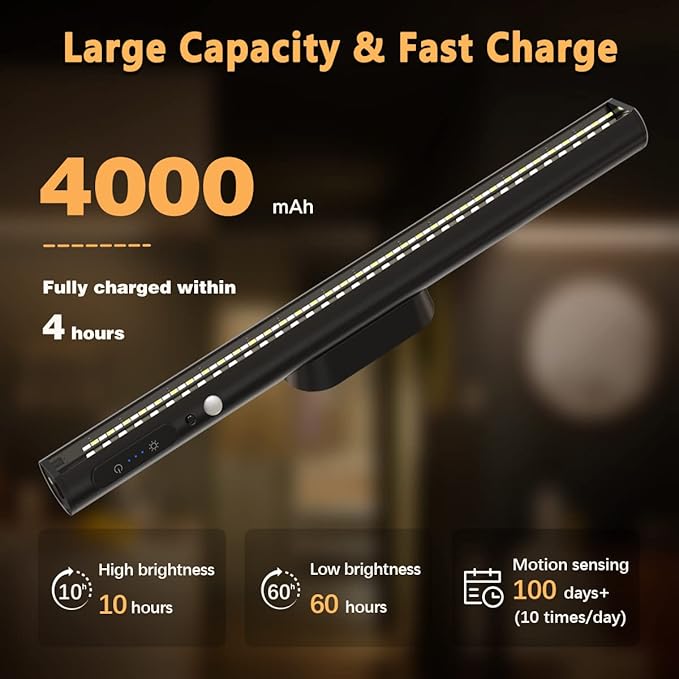 Battery Powered Operated Wall Strip Lights, Motion Sensor LED Light Bar Indoor, Rechargeable Magnetic Under Cabinet Lighting Wireless with Remote Control for Desk Mirror Closet Kitchen-Black