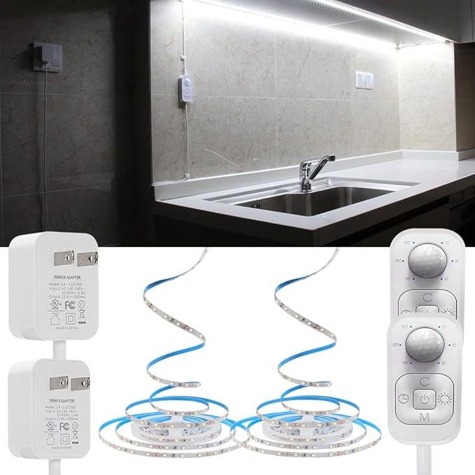 DGD Under Cabinet Lights - Plug-in Motion Sensor LED Strip Lights Indoor with UL FCC Approved Adapter, Dimmer and Timer for Kitchen Cabinet, Stairway, Bedroom 2 Pack