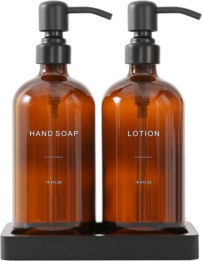 Prus Waso Amber Glass Soap Dispenser Set, Hand Soap and Lotion Set with Black Stainless Steel Pump, Perfect for Modern Bathroom Decor. (Amber)