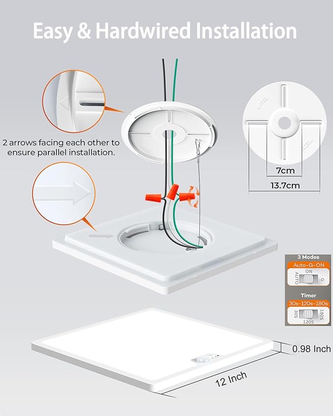 Annaror 12in Motion Sensor Ceiling Light Wired, 3000K 4000K 5000K Selectable, 24W Flush Mount Square Motion Ceiling Light with 3 Timer for Closet Porch Stairs Hallway, White