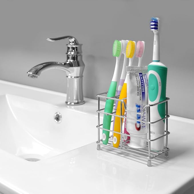 Linkidea Wall Mount Toothbrush Holder for Bathroom, Stainless Steel Stand for Electric Toothbrush, Toothpaste, Razor, Self Adhesive/Countertop 5 Slots Organizer (Chrome)
