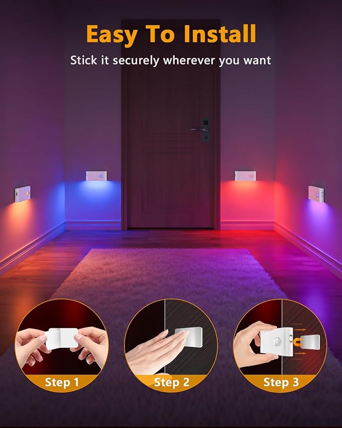 WILLED Motion Sensor Lights Indoor,RGB & Warm White Motion Sensor Night Light,Wireless Color Changing Stair Lights Indoor for Kids' Room,Stair,Bathroom,Hallway,Kitchen,Bedroom,Closet,Cabinet 8PC