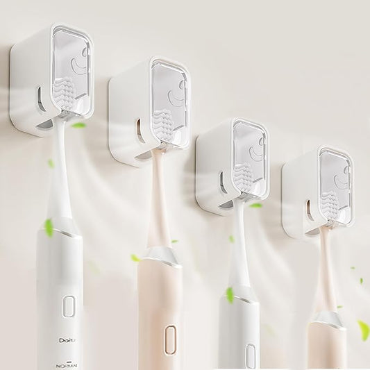 4 Pack Toothbrush Holders for Bathroom, Self Adhesive Wall Mounted Toothbrush Holder with Cover, Single Toothbrush Dispenser Storage Organizer for Family, Travel, Waterproof and Dustproof (White)