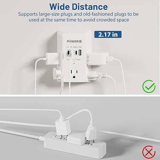 Electrical Outlet Extender with USB Ports (3C1A), Snug Wall Outlet, Surge Protector, Wall Plug Adapter for Multiple Devices, Wall Socket Expander