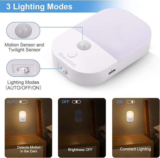 Motion Sensor Night Light, LED Dimmable Warm White Type-C Rechargeable Battery, for Hallway, Bathroom, Stair, Wardrobe, Bedroom, Auto On/Off, 2 Pack