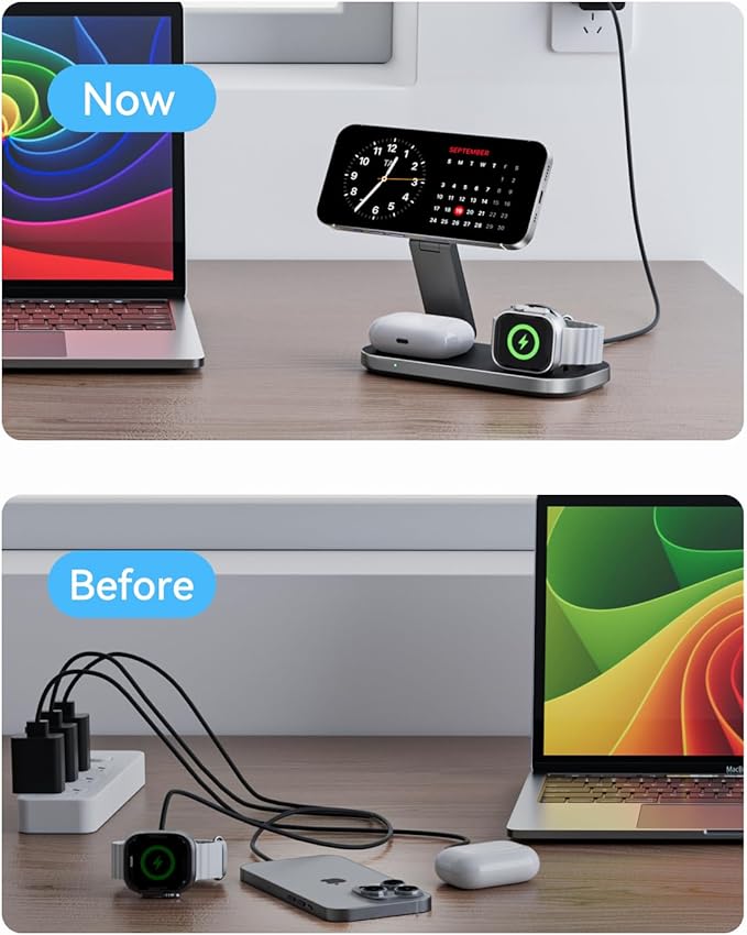 3-in-1 Charging Station for Apple Device, Qi2 25W Certified Magnetic Wireless Foldable Fast Charger Stand Compatible with MagSafe for iPhone 17e/17/16/15/14/13/12/Air Series, Apple Watch & AirPods