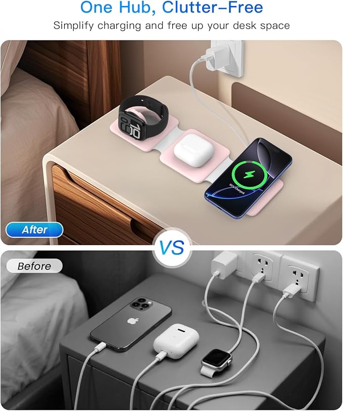 Charging Station for Apple Multiple Devices: 3 in 1 Foldable Magnetic Wireless Charger Stand - Travel Charging Dock Compatible with iPhone 17 16 15 14 13 12 Pro Max Plus Apple Watch AirPods