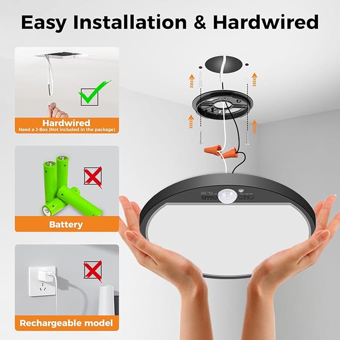 slochi 4Pack Motion Sensor Light Indoor Wired, 12 Inch 3000K/4000K/6500K Closet Lights Motion Sensored, 24W 2400LM Flush Mount Ceiling Light for Hallway Pantry Stairwell Porch, Black