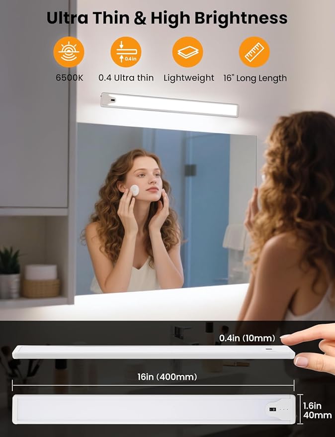 16 Inch Under Cabinet Light, Hand Wave Sensor LED Cabinet Lighting, Rechargeable Wireless Closet Light, Stepless Dimming Under Counter Light for Kitchen, 2 Pack
