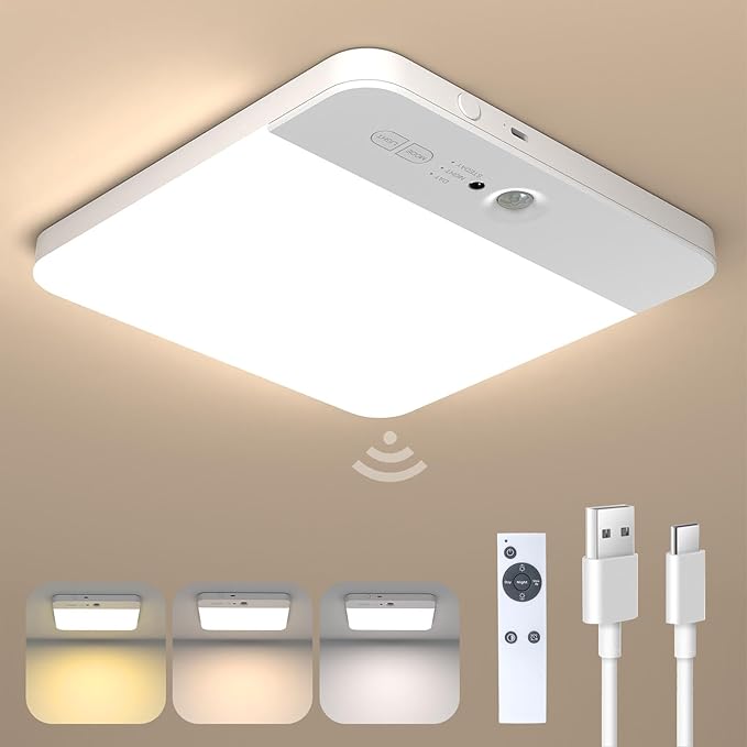 NARUNDREN Rechargeable Motion Sensor LED Ceiling Light with Remote, Wireless Battery Operated Closet Light, 400LM Dimmable 3 Color Temperatures, Motion Activated Light for Stair Hallway Garage Pantry