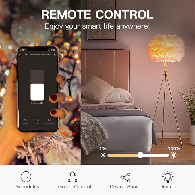 TREATLIFE Smart Dimmer Plug Outdoor Smart Plug Works with Alexa and Google Home, Light Dimmer APP Remote Control, Max Power 400W, IP44 for Dimmable Outdoor String Lights, Floor Lamp, Table Lamp