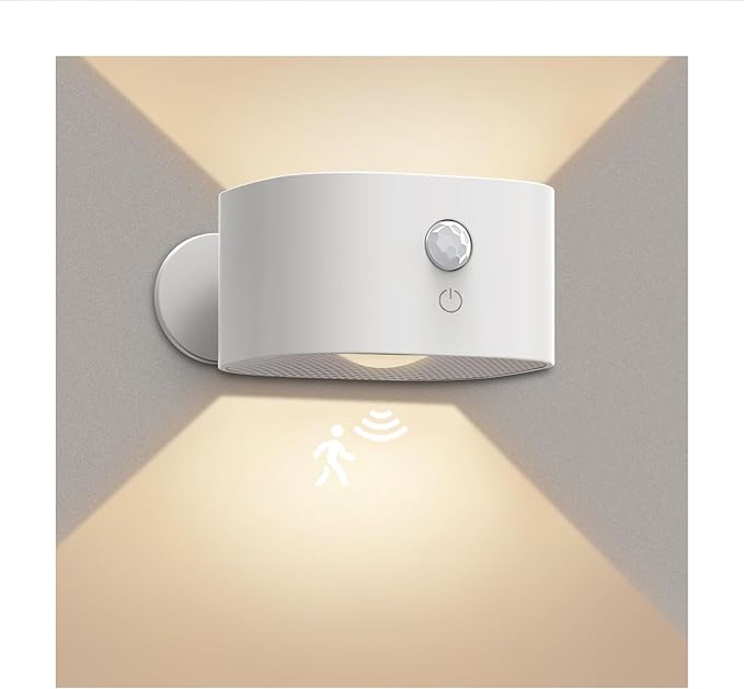 Deyagoo Motion Sensor Wall Light Indoor, Battery Operated Sconce 360°Rotate, Rechargeable Cordless Night Light, Touch Dimmable 3 Brightness, UP Down LED Wall Lamp for Stairs, Closet, Bedroom, Bathroom