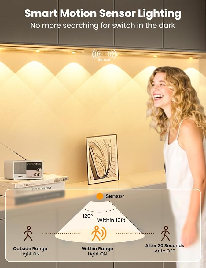 LED Under Cabinet Light, Under Counter Dimmable Lighting with Motion Sensor, USB Rechargeable Motion Sensor Light, Cat’s Eye Hill Corrugated Effect, for Display Cabinet, Showcase, Wine Cabinet
