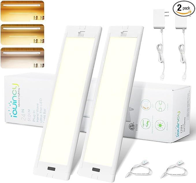 24 Inch Under Cabinet Lights Plug in 2 Pack, Hand Wave Activated, Linkable Under Cabinet Lighting with 5 CCT - 2700K-6000K & Stepless Dimmable, Under Counter Light for Kitchen, 600 Lumens, 10W
