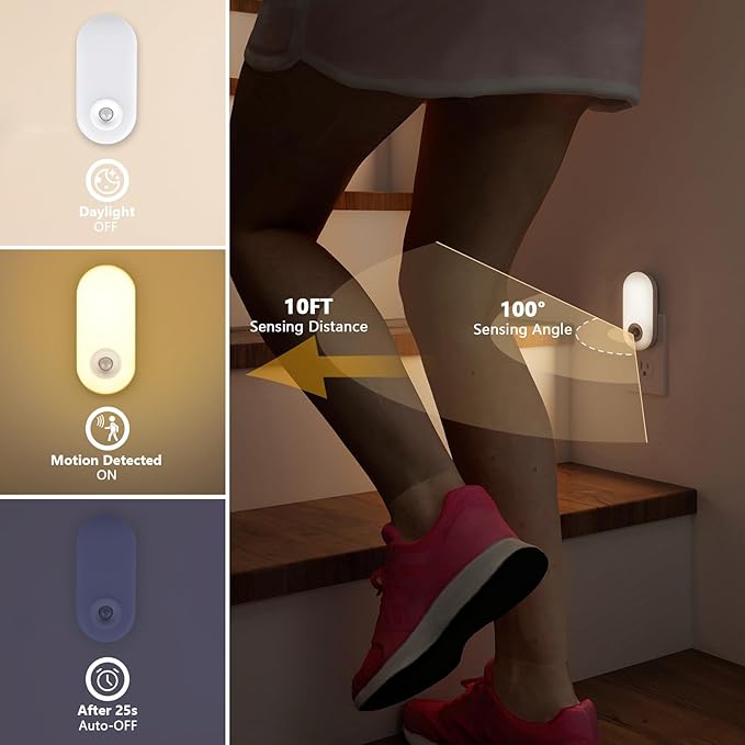 Dawnrise Night Lights Plug into wall, Motion Sensor Night Light Plug in Indoor, 38 LED Dimmable 100LM or 10LM and 2 Color Temperature Lights for Bedroom, Stairs, Kitchen, Hallway, Utility Room 2PK