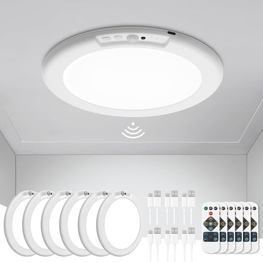 wowatt 6Pcs Battery Operated Ceiling Lights Rechargeable Motion Sensor Light Indoor Wireless Shower Light with Remote 3000K 4500K 6500K 7.48in Dimmable Timing Motion Activated Lamp for Closet Shower