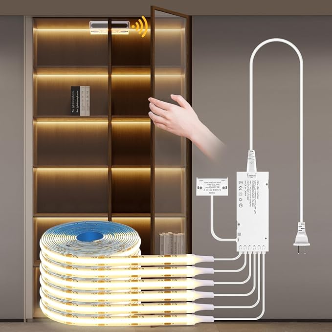 AIMENGTE 12V COB LED Cabinet Lights Strip with Dual-Door Sensor, 6 x 3.3ft Cuttable Under Cabinets Lighting for in-Cabinet, Locker, Closet, Showcase, Gun Safe (Warm White)