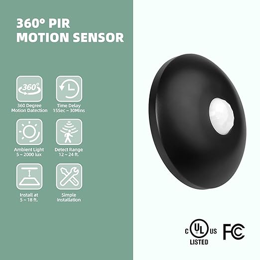 ECOELER Ceiling Mount Motion Sensor, 360 Degree Occupancy Sensor Switch, 10-40 Ft High Sensitive PIR Infrared Motion Activated Switch for CFL/LED/Incandescent Bulb, Black, UL & FCC Listed