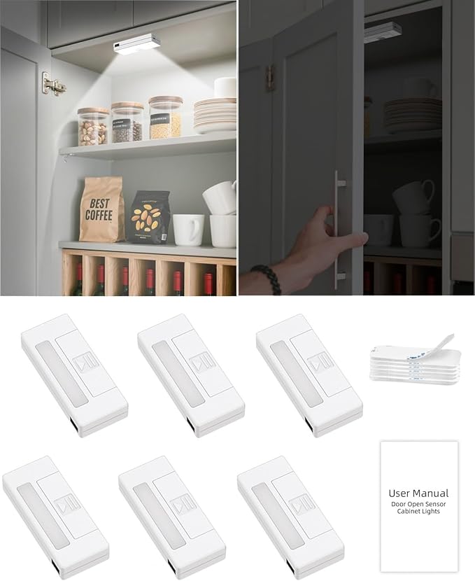 6 Pack Door Open Sensor Cabinet Lights, Cordless LED Cabinet Closet Light, Battery Operated Cupboard Drawer Light Door Activated Stick on Puck Lights for Inside Kitchen Cabinets, Closets
