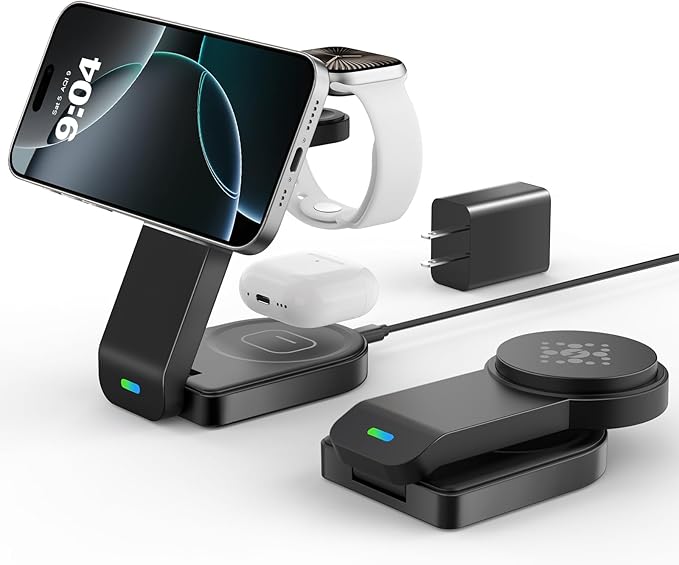 3 in 1 Wireless Charging Station Compatible with Apple,Foldable Magnetic Wireless Charger for iPhone 17/16/15/14/13/12,Apple Watch Series 11/Ultra 3/SE 3/10/9/8/7/6/5/4,Air-Pods Pro 3/4/3/Pro/2(Black)