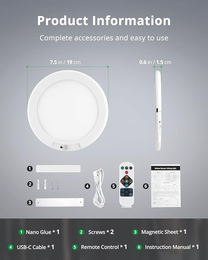 Bojim Wireless Waterproof Shower Light Rechargeable Motion Sensor Closet Ceiling Light, Magnetic Cordless Battery Powered Lights with Remote for Bathroom Stairs Shed