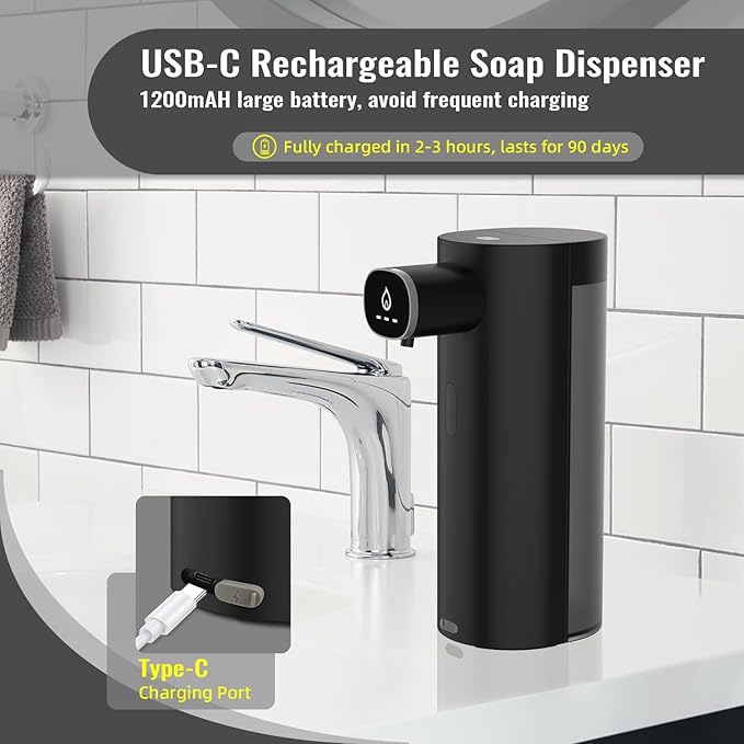 Automatic Liquid Soap Dispenser Touchless, USB Rechargeable Smart Hand Soap Dispenser, 13.5oz/400ml, 3-Level Adjustable, Compatible with Thick Thin Dish Soap for Bathroom Kitchen, Clog-Free (Black)