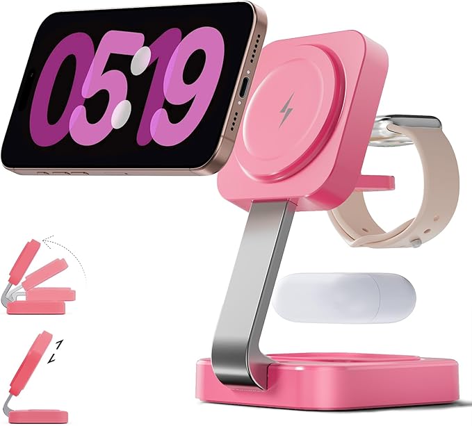 RYND 2026 Traveling Wireless Magnetic Fast Charging Station,3 in 1 Charger with i Phone 17 16 15 14 13 12 Pro Max Plus,Apple Watch Series & Air pod 4 3 2 Pro-Gifts for Wife & Husband(Rose Red)