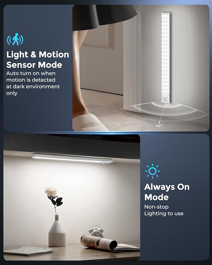Under Cabinet Lighting with 3 Color Temps - 14.7" Motion Sensor Light Indoor, Magnetic Wireless Closet Lights, Dimmable Led Light, Rechargeable Under Counter Lights for Kitchen, Bedroom, Stair, 2 Pack