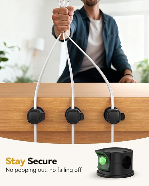 INCHOR Rotatable Cord Organizer 6Pack, Spring Cable Clips With Clasp Lock, No-Residue Adhesive Cable Organizer, Cord Holder for Nightstand Car Home Office (Black)