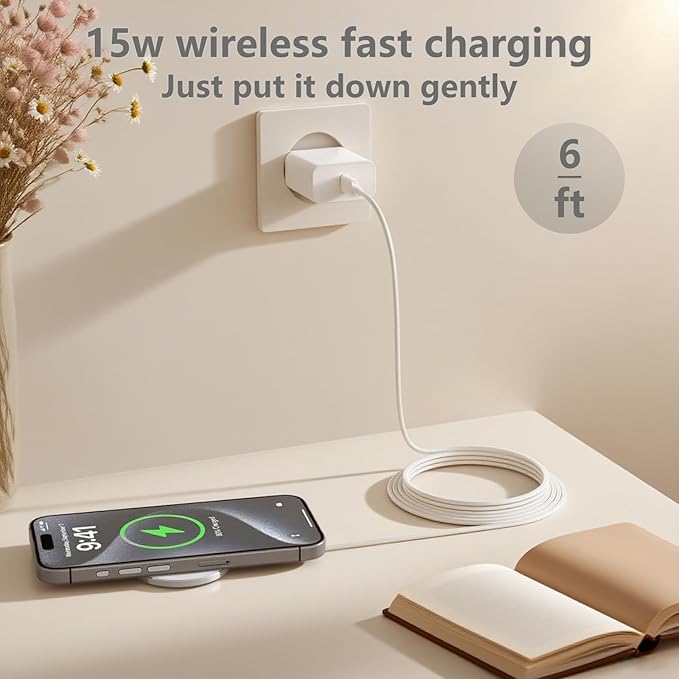 [Apple MFi Certified] 2Pack 6FT Mag-Safe Wireless Charger, 15W Fast Magnetic Pad with USB-C Block for iPhone 17/16/15/14/13/12 (Air/Pro/Max/Plus) & AirPods 4/3/2/Pro/Pro2 - Apple Wireless Charging Kit