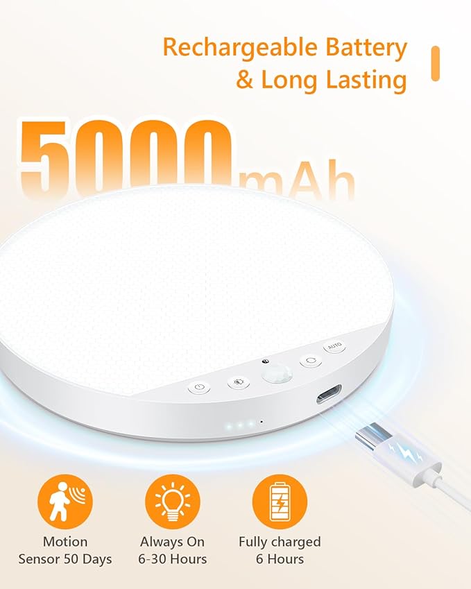 Rechargeable 8W Motion Sensor Ceiling Light Indoor, No Wiring & Magnetic Stick-On, Remote Control for Color & Brightness, Battery Operated Light for Shower, Closet, Bathroom, Pantry, Hallway, 2-Pack
