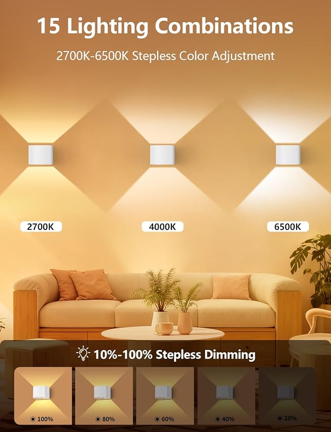Battery Operated Wall Lamps with Motion Sensor, 6000mAh Rechargeable Wireless LED Sconce with Remote Control, Stepless Dimming, 2700-6500K, Adjustable Beam Angle, White Wall Lights for Bedroom, 2-Pack
