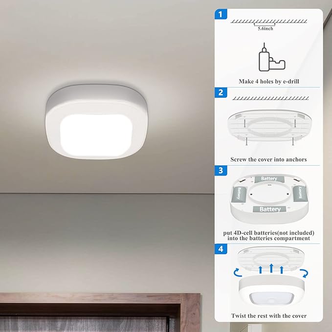 WhitePoplar Closet Light, Battery Operated Ceiling Motion Sensor LED Light, 300LM Indoor Wireless, for Hallway, Garage, Stairway, Pantry, Shed Wall, 2 Pack