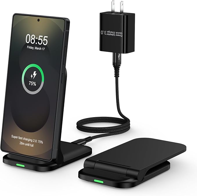 Foldable Samsung Wireless Charger Fast Charging Stand Wireless Android Desk Phone Charger Pad 15W for Samsung Galaxy S25 Edge S25 Ultra S25 Plus S24 S23 S22, iPhone 16e/16 Plus/Pro, with 18W Adapter