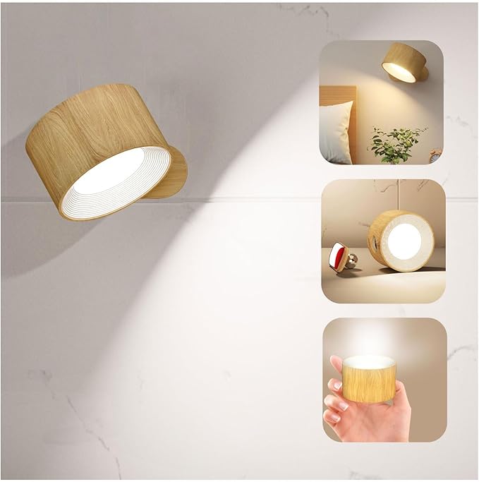 Deyagoo LED Wall Sconce, Wall Mounted Lamp with Rechargeable Battery Operated USB Port 3 Color Temperature & 3 Brightness Level 360°Rotate Magnetic Ball, Cordless Light for Reading Bedside-Wood