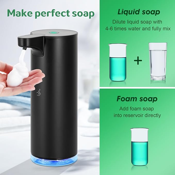 Automatic Hand Soap Dispenser Touchless: Foaming Soap Dispenser Stainless Steel - Free Touch Electric Soap Dispenser Rechargeable with Sensor for Bathroom, Commercial (Black)