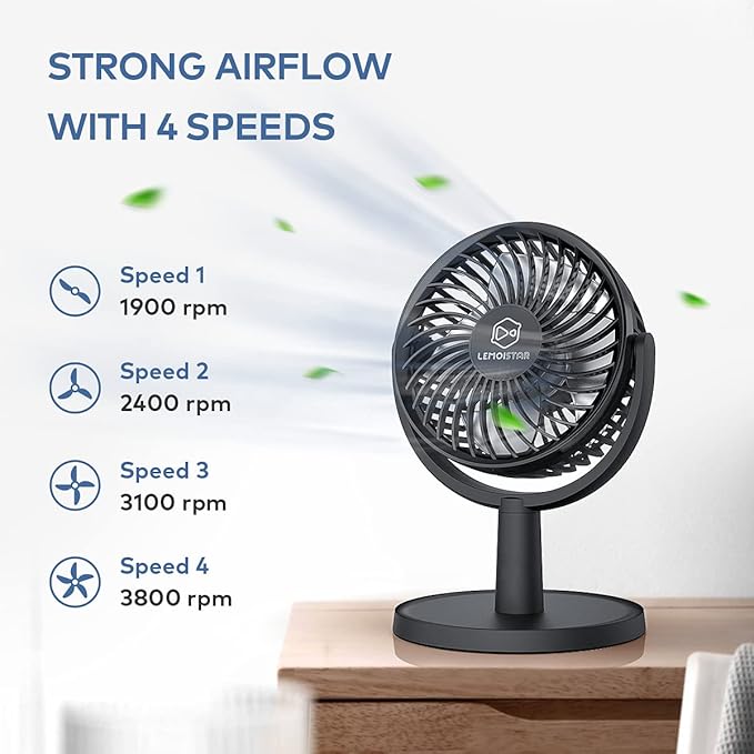 Mini Desk Fan, USB Powered Desktop Fan with 4 Speeds, Small but Powerful Strong Airflow Work Quiet, 310° Adjustment, Portable Personal Air Circulator Fan for DesktopTable Office Bedroom-Black