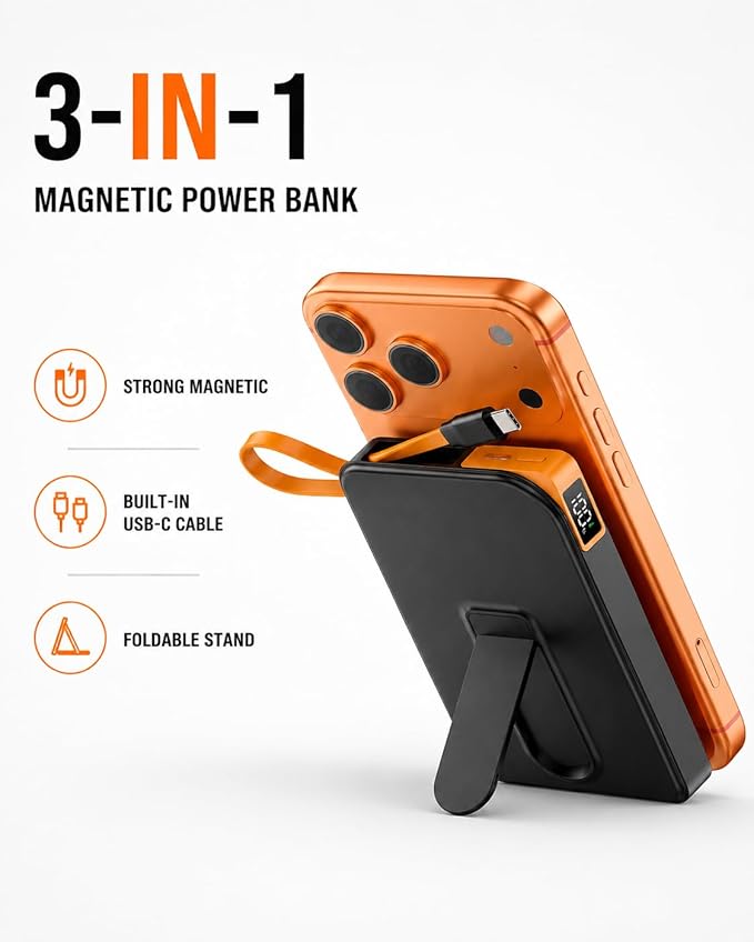 3-in-1 Magnetic Portable Charger with Stand, for Magsafe Power Bank Fast Charging, 10000mAh Wireless Battery Pack with Built in USB C Cable, Powerbank for iPhone17/16/15/14/13/12 Travel & Daily Use