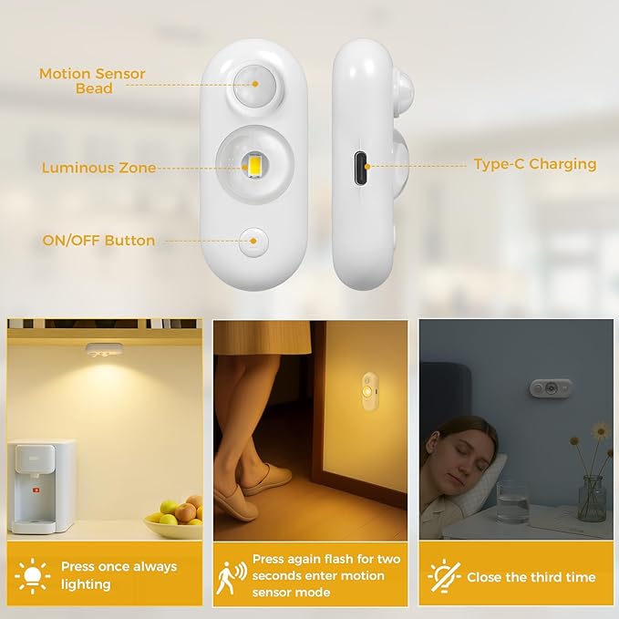 LED Motion Sensor Puck Lights, Small Rechargeable Under Cabinet Light, Dimmable Warm White Closet Lights, Lithium-ion Battery Wireless Under Cabinet Lighting for Drawer, Kitchen (6 Pack)