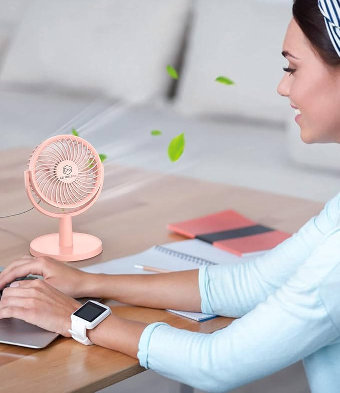 Small Personal USB Powered Fan with 4 Speeds, Portable Desk Fans with 310° Rotation, Mini Powerful Table Fans, Ultra Quiet Air Cooling Fan for Office, Bedroom, Easy to Store, Strong, Compact-Pink