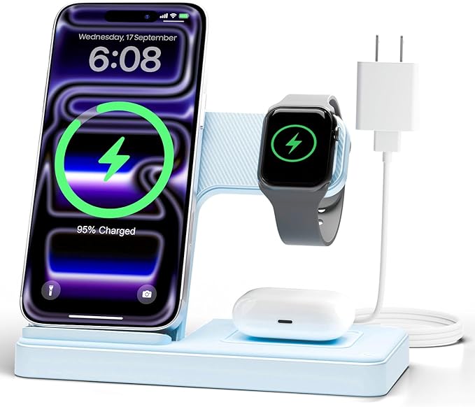 Wireless Charger Stand Charging Station: 3 in 1 Charger Stand Multiple Devices for Apple - iPhone 17 16e 16 15 14 Pro Max 13 12 - Watch 11 10 9 8 7 6 5 4 3 2 SE and Ultra Series-Airpods 4 3 Pro, Blue