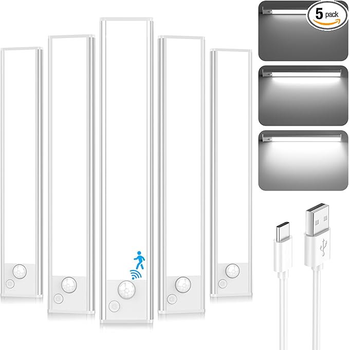 Under Cabinet Lights, LED Rechargeable Battery Operated Motion Sensor Lights Indoor, 6500K Magnetic Dimmable Closet Lights, 1500mAh Wireless Under Counter Night Lights for Kitchen, Home, 5 Packs