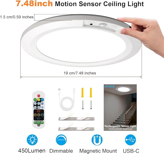 Wireless Motion Sensor Ceiling Light, 7.5" Ultra-Thin, 8000mAh Rechargeable, 450LM, 5 Color Temps, Dimmable with Timer & Remote, Magnetic Stick-On/Screw Mount for Closet, Hallway, 2-Pack