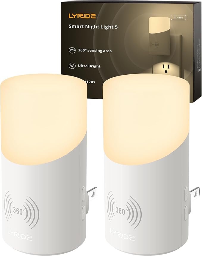 Lyridz LED Plug-in Night Light with 360° Motion Sensor, 1-150 Lumens Dimmable Nightlights Indoor for Bathroom, Bedroom, Hallway, Stairs, Pet House, 2 Pack