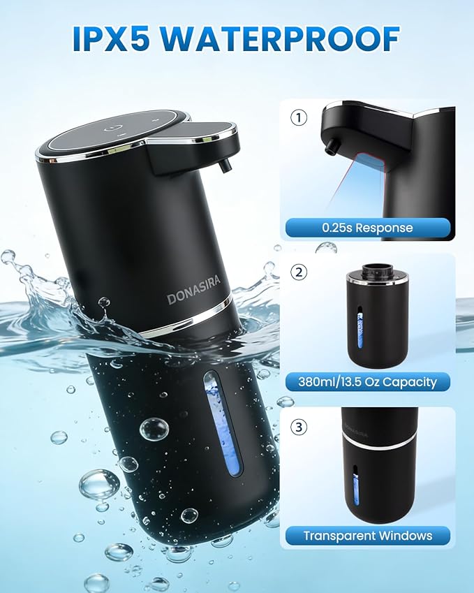 Automatic Soap Dispenser Touchless, Hands-Free, USB Rechargeable Dish Hand Soap Dispenser, 4 Adjustable Volume, Clog-Free for Bathroom Kitchen, Soap Waste Reduction, Easy for Toddlers, Black