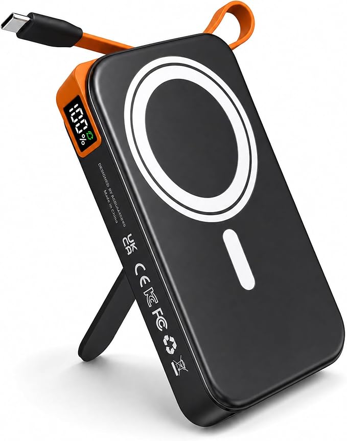 3-in-1 Magnetic Portable Charger with Stand, for Magsafe Power Bank Fast Charging, 10000mAh Wireless Battery Pack with Built in USB C Cable, Powerbank for iPhone17/16/15/14/13/12 Travel & Daily Use