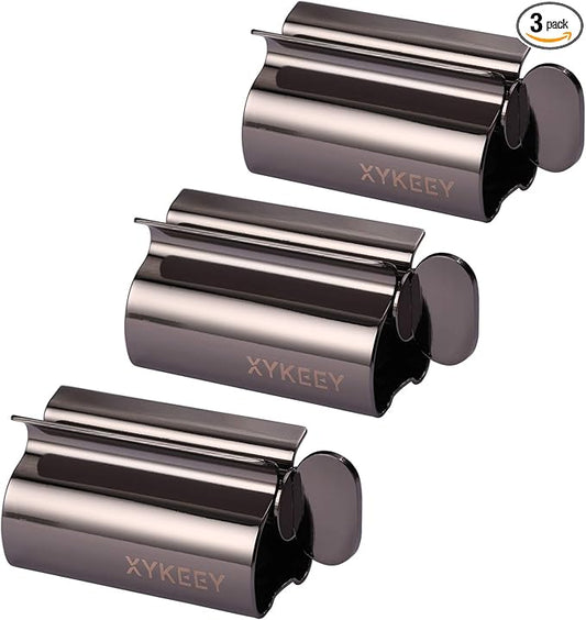 Toothpaste Tube Squeezer - Set of 3 Toothpaste Squeezer Rollers, Metal Toothpaste Tube Wringer Seat Holder Stand XYKEEY (Black)