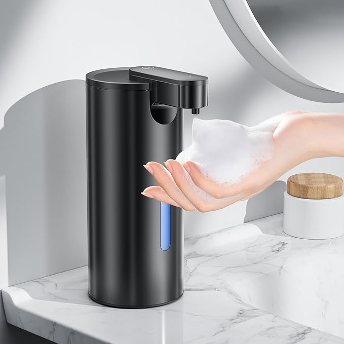 Fantictas Automatic Foaming Soap Dispenser Touchless, Stainless Steel 11.5 oz 3 Levels Adjustable Hand Soap Dispenser with Rechargeable Sensor Pump for Kitchen & Bathroom Liquid Soap,Black