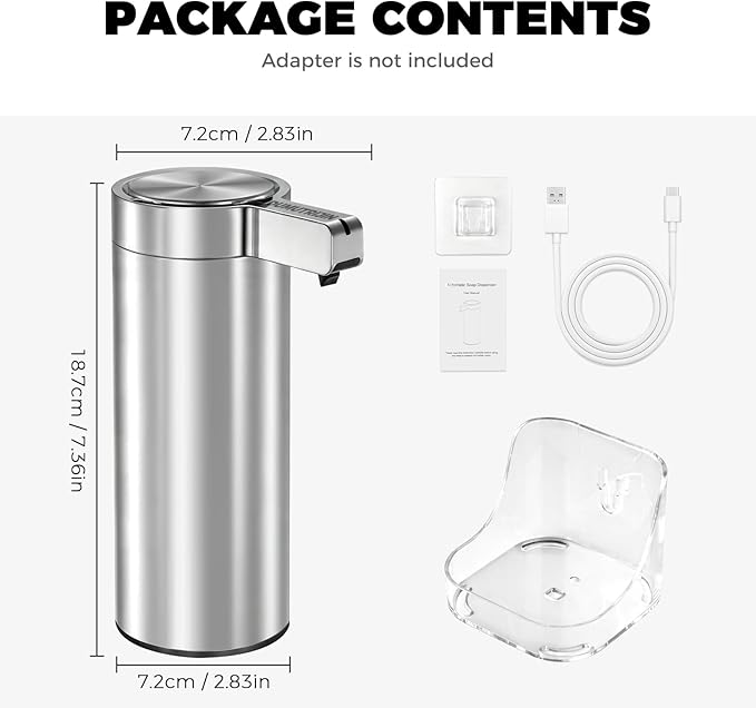 Touchless Automatic Soap Dispenser Wall Mount Stainless Steel with Sensor Infrared 9 oz Electric IPX5 Waterproof USB-C Charging Motion Sensor for Kitchen & Bathroom (Silver)
